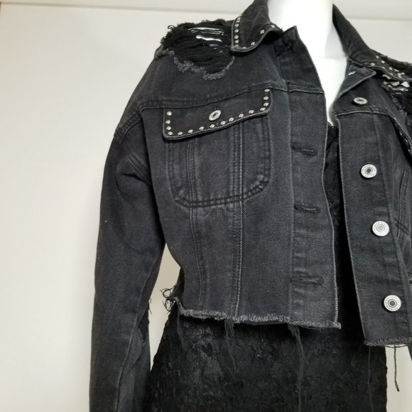 Forever 21 Jean Denim Jacket Coat S Black Distressed Stud Bling Gothic Punk Alt - Picture 11 of 12
